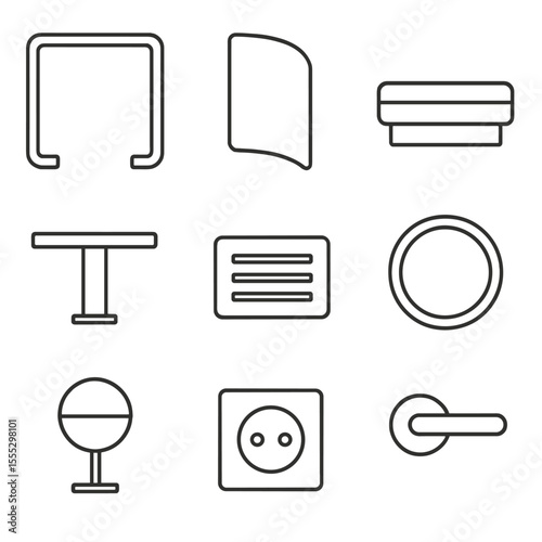 Flexible Meeting Pod Icons. Outline style icons of Flexible Meeting Pods: pod frame, curved wall panel, bench seat, integrated