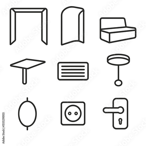 Flexible Meeting Pod Icons. Outline style icons of Flexible Meeting Pods: pod frame, curved wall panel, bench seat, integrated