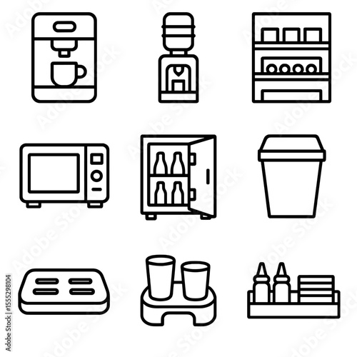Snack & Beverage Icons. Outline style icons of Snack & Beverage Stations: coffee machine, water dispenser, snack shelf, microwave