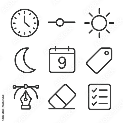 Flexible Work Icons. Outline style icons of flexible work hours: clock face, slider control, sun icon, moon icon, calendar date,