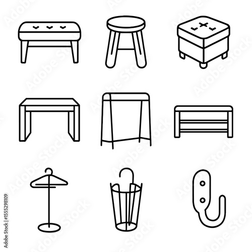Fitting Room Icons. Outline style icons of Fitting Room Furniture: bench seat, stool, ottoman, side table, garment rack, shoe