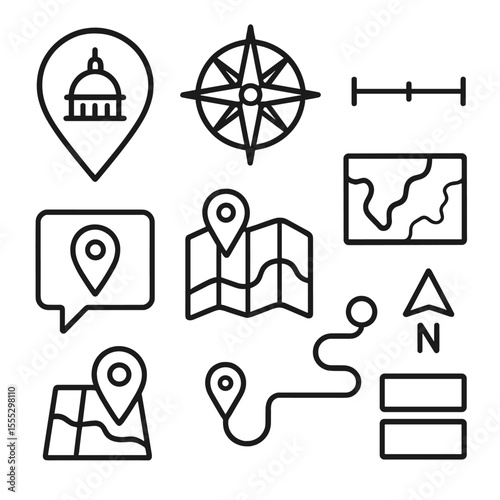 Map Navigation Icons. Outline style icons of Map & Wayfinding Focal Points: landmark pin, compass rose, scale bar, inset map,