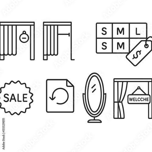 Fitting Room Signage Icons. Outline style icons of Fitting Room Signage: occupied sign, vacancy sign, size chart, price tag, sale