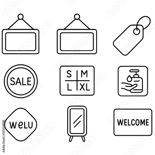 Fitting Room Signage Icons. Outline style icons of Fitting Room Signage: occupied sign, vacancy sign, size chart, price tag, sale