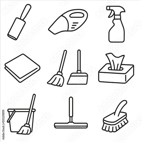 Fitting Room Cleaning Icons. Outline style icons of Fitting Room Cleaning: lint roller, handheld vacuum, cleaning spray bottle,