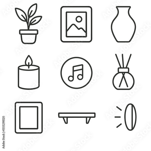 Fitting Room Decor Icons. Outline style icons of Fitting Room Décor: potted plant, wall art, decorative vase, scented candle,