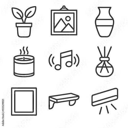 Fitting Room Decor Icons. Outline style icons of Fitting Room Décor: potted plant, wall art, decorative vase, scented candle,