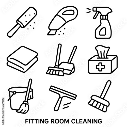 Fitting Room Cleaning Icons. Outline style icons of Fitting Room Cleaning: lint roller, handheld vacuum, cleaning spray bottle,