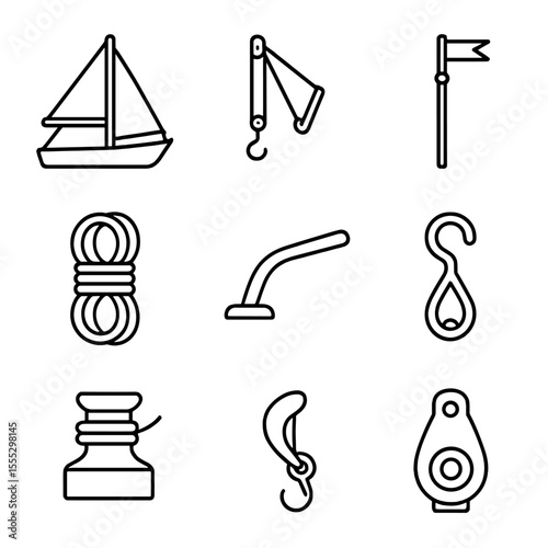 Sailing Vessel Icons. Outline style icons of Sail-Assisted Fishing Vessels: gaff rig, boom vang, sheet line, mast top, sail coil,