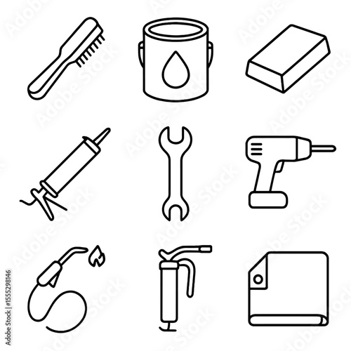 Maintenance Tools Icons. Outline style icons of Maintenance & Repair Tools: wire brush, marine paint can, sanding block, caulking