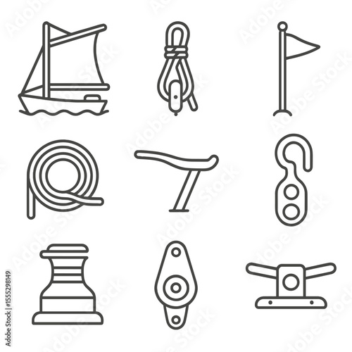 Sailing Vessel Icons. Outline style icons of Sail-Assisted Fishing Vessels: gaff rig, boom vang, sheet line, mast top, sail coil,