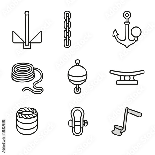 Mooring & Anchoring Icons. Outline style icons of Mooring & Anchoring Gear: fluke anchor, anchor chain, buoyed anchor, mooring