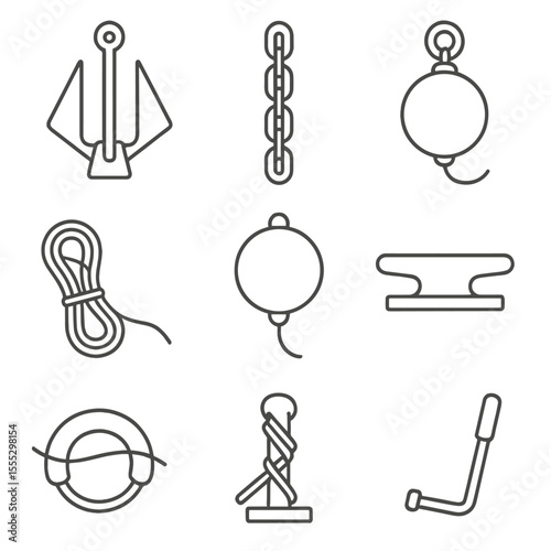 Mooring & Anchoring Icons. Outline style icons of Mooring & Anchoring Gear: fluke anchor, anchor chain, buoyed anchor, mooring