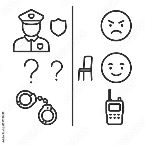 Good Cop Bad Cop Icons. Outline style icons of Good Cop/Bad Cop Duo: cop silhouette, badge icon, angry face, friendly face, split