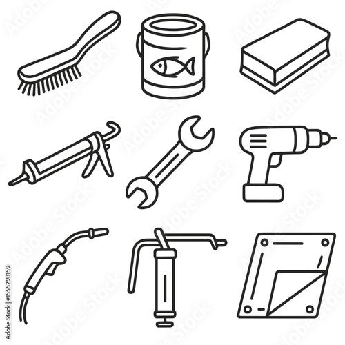 Maintenance Tools Icons. Outline style icons of Maintenance & Repair Tools: wire brush, marine paint can, sanding block, caulking