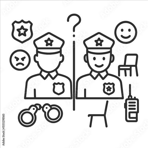 Good Cop Bad Cop Icons. Outline style icons of Good Cop/Bad Cop Duo: cop silhouette, badge icon, angry face, friendly face, split