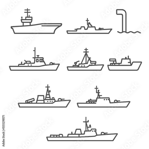 Naval Warship Icons. Outline style icons of Naval Warships: aircraft carrier, destroyer silhouette, frigate outline, submarine