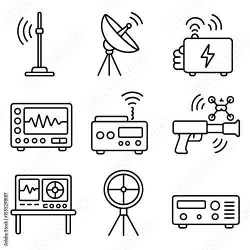 Electronic Warfare Icons. Outline style icons of Electronic Warfare Equipment: jamming antenna, signal interceptor, EMP generator,