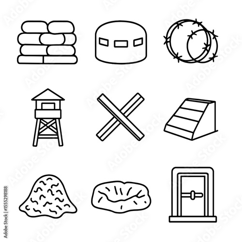 Outline Fortification Icons. Outline style icons of Fortifications & Bunkers: sandbag wall, pillbox, barbed wire coil, watchtower,
