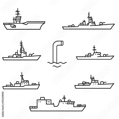 Naval Warship Icons. Outline style icons of Naval Warships: aircraft carrier, destroyer silhouette, frigate outline, submarine