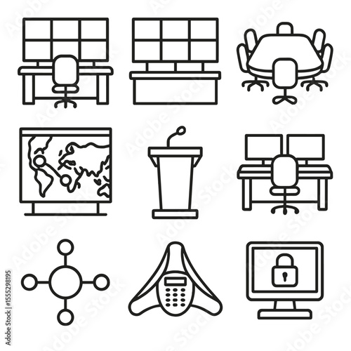 Command Center Icons. Outline style icons of Command & Control Centers: C2 desk, video wall, war room table, map display, briefing