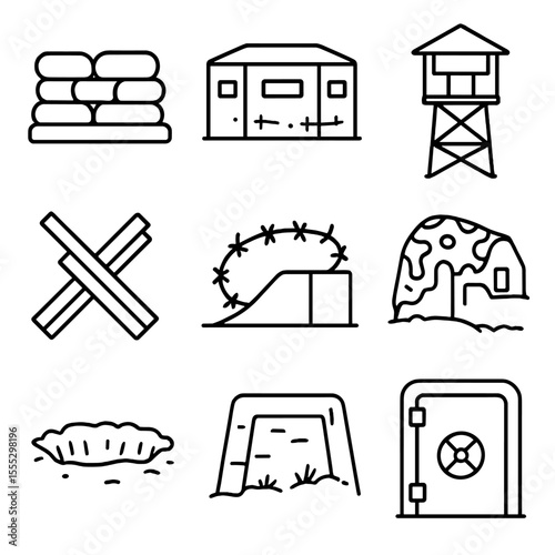 Outline Fortification Icons. Outline style icons of Fortifications & Bunkers: sandbag wall, pillbox, barbed wire coil, watchtower,