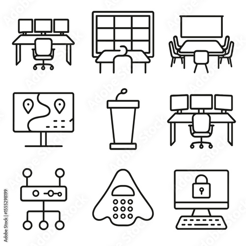 Command Center Icons. Outline style icons of Command & Control Centers: C2 desk, video wall, war room table, map display, briefing