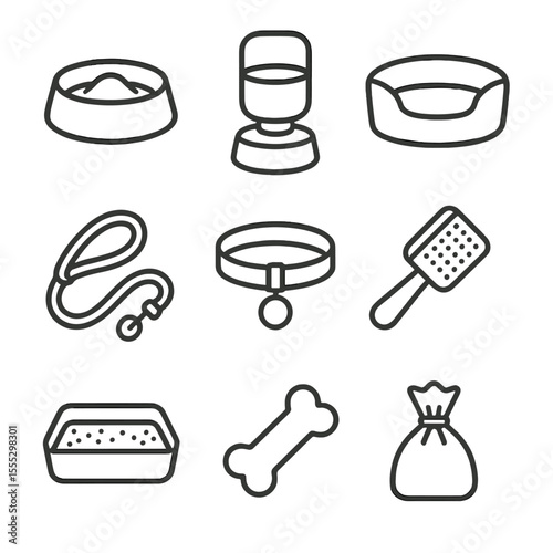 Pet Care Icons. Outline style icons of Pet Care Items: food bowl, water dispenser, pet bed, leash, collar, grooming brush, litter