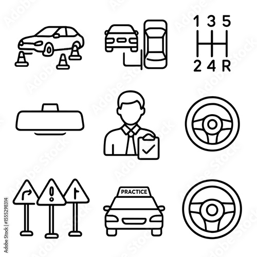 Driving School Icons. Outline style icons of Driving School Drill: car cone weave, parallel parking, gear shift diagram, rearview