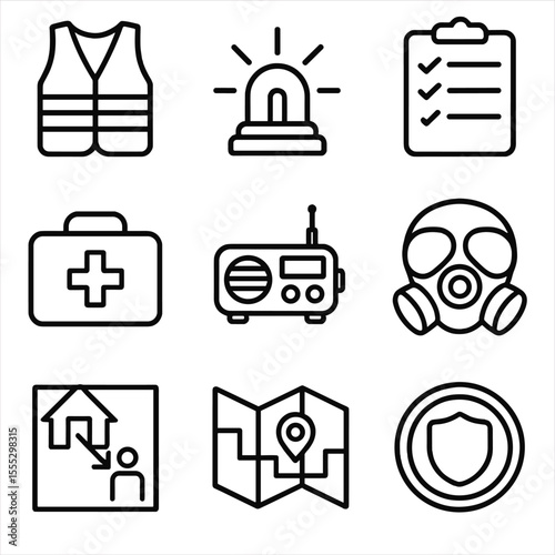 Emergency Response Icons. Outline style icons of Emergency Response Drill: hazard vest, flashing light, response checklist, med