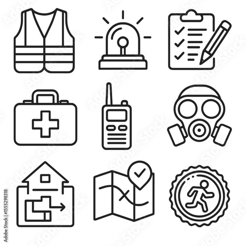 Emergency Response Icons. Outline style icons of Emergency Response Drill: hazard vest, flashing light, response checklist, med