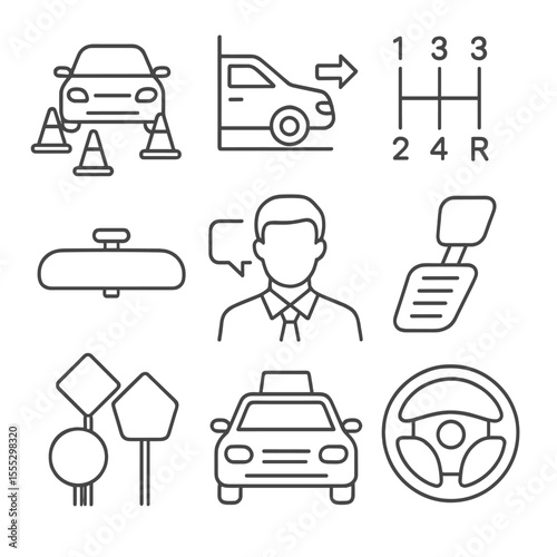 Driving School Icons. Outline style icons of Driving School Drill: car cone weave, parallel parking, gear shift diagram, rearview