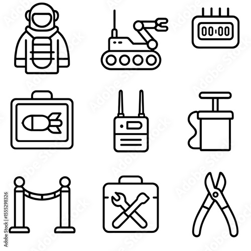 Bomb Squad Icon Set. Outline style icons of Bomb Squad Drill: blast suit, defusal robot, timer icon, x-ray scanner, signal jammer,