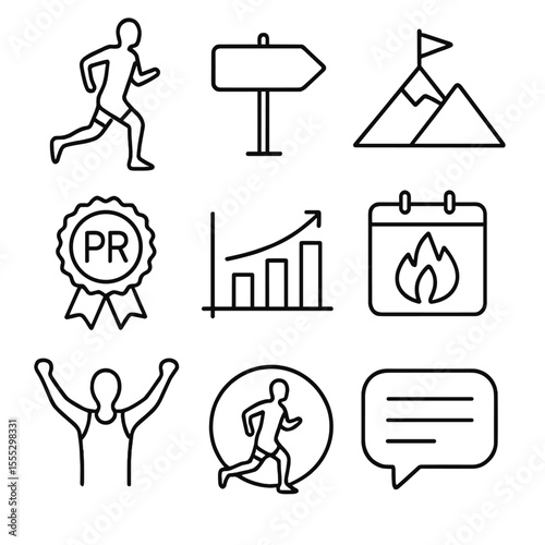 Trail Running Icons. Outline style icons of Trail Running Motivation: runner silhouette, “Keep Going” sign, mountain top icon,