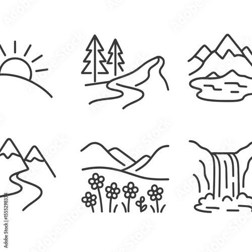 Trail Running Icons. Outline style icons of Trail Running Scenery: sunrise over hill, pine trees, riverbank, ridge trail, alpine