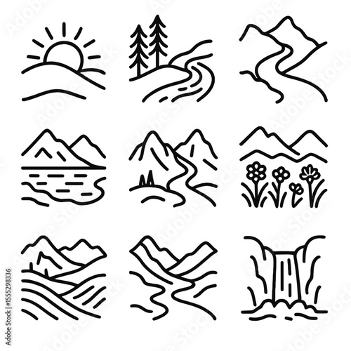 Trail Running Icons. Outline style icons of Trail Running Scenery: sunrise over hill, pine trees, riverbank, ridge trail, alpine