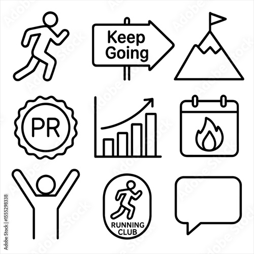 Trail Running Icons. Outline style icons of Trail Running Motivation: runner silhouette, “Keep Going” sign, mountain top icon,