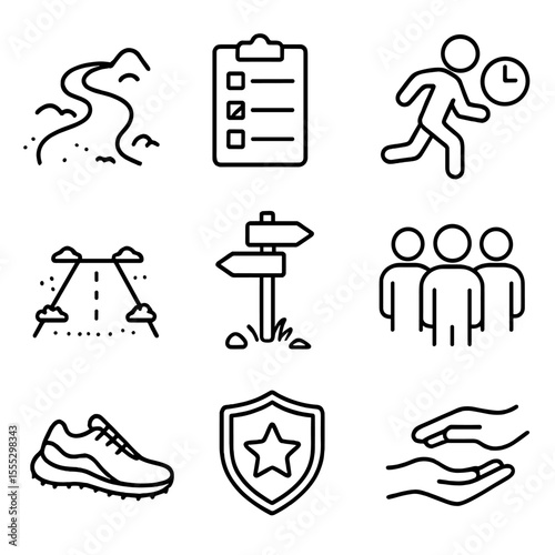 Beginner Trail Running Icons. Outline style icons of Beginner Trail Running: easy terrain path, simple checklist, slow pace icon,