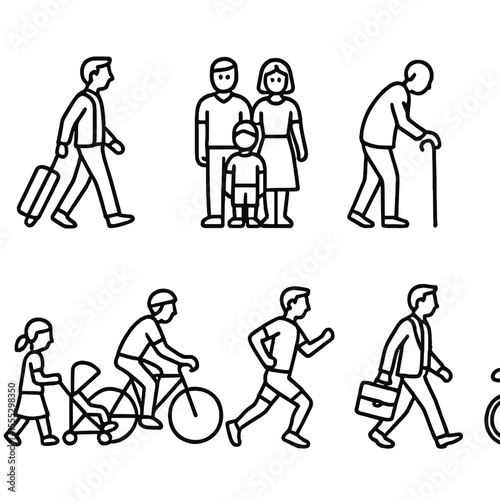 Train Station Icons. Line style icons of train station passengers: traveler with suitcase, family group, elderly person, child