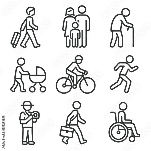 Train Station Icons. Line style icons of train station passengers: traveler with suitcase, family group, elderly person, child