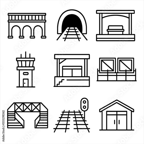 Train Station Line Icons. Line style icons of train station structures: bridge overpass, tunnel entrance, platform shelter,