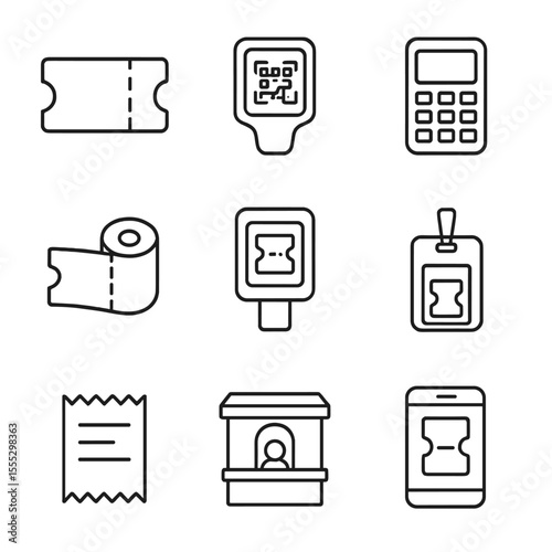 Train Station Ticket Icons. Line style icons of train station ticketing: ticket stub, QR code scanner, payment terminal, ticket