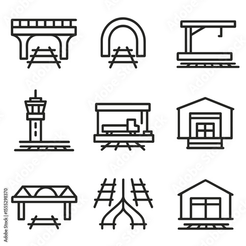 Train Station Line Icons. Line style icons of train station structures: bridge overpass, tunnel entrance, platform shelter,