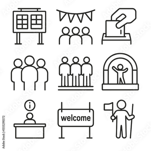 Train Station Icons. Line style icons of train station events: announcement board, event banner, crowd symbol, ticket check,