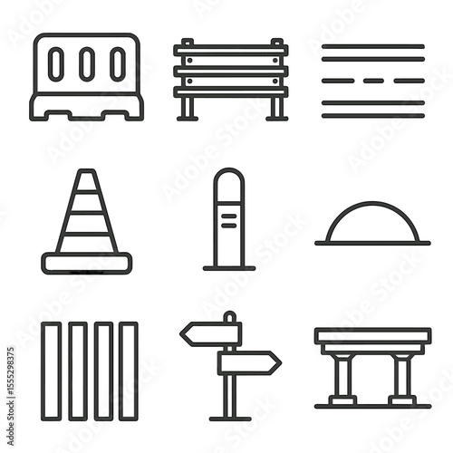 Traffic Infrastructure Icons. Line style icons of traffic management infrastructure: road barrier, guardrail, median strip,