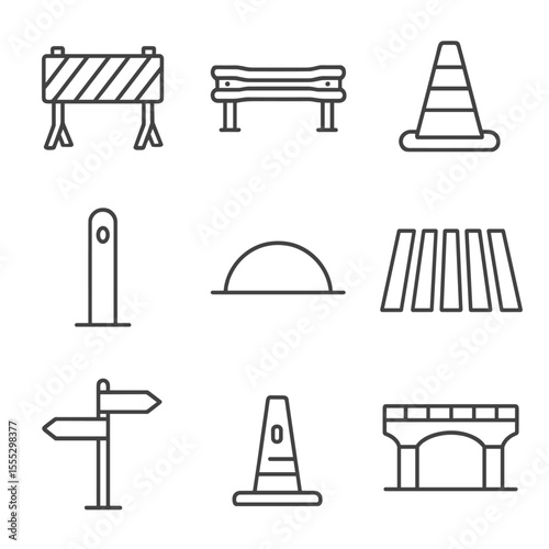 Traffic Infrastructure Icons. Line style icons of traffic management infrastructure: road barrier, guardrail, median strip,