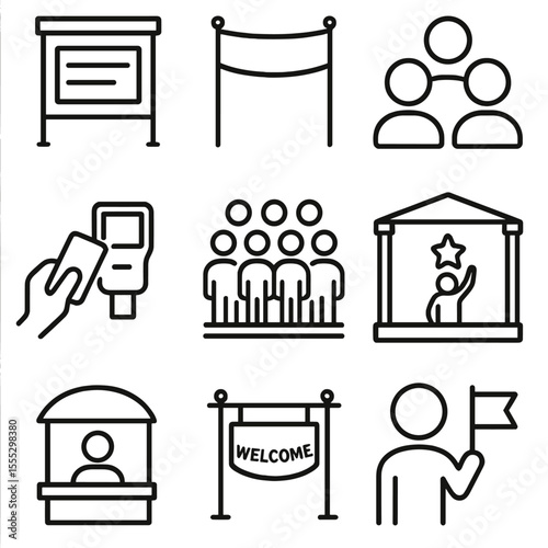 Train Station Icons. Line style icons of train station events: announcement board, event banner, crowd symbol, ticket check,