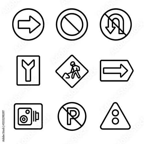 Traffic Signage Icons. Line style icons of traffic management signage: one-way sign, no entry, no U-turn, lane closed, road work