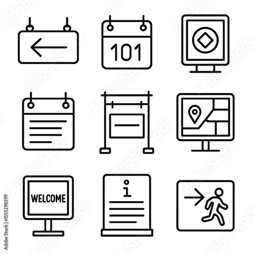 Trade Show Icons. Outline style icons of trade show signage: directional arrow, booth number, event logo, schedule board, sponsor