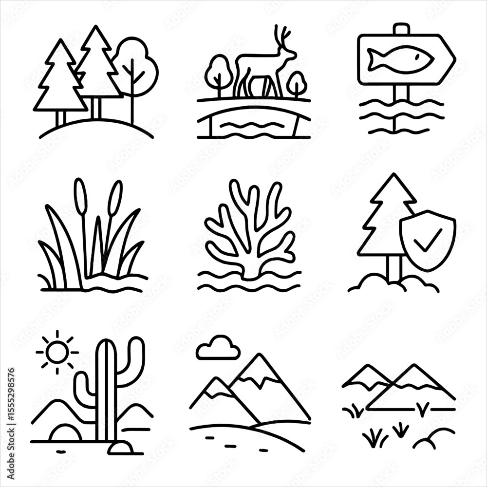 Fototapeta premium Ecosystem Conservation Icons. Outline style icons of Hybrid Systems with Turbines: turbine with solar panel, hybrid energy icon,